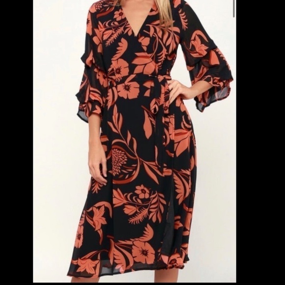 Lulus Highlight of my life  Floral orange and black Wrap Dress - Picture 1 of 10